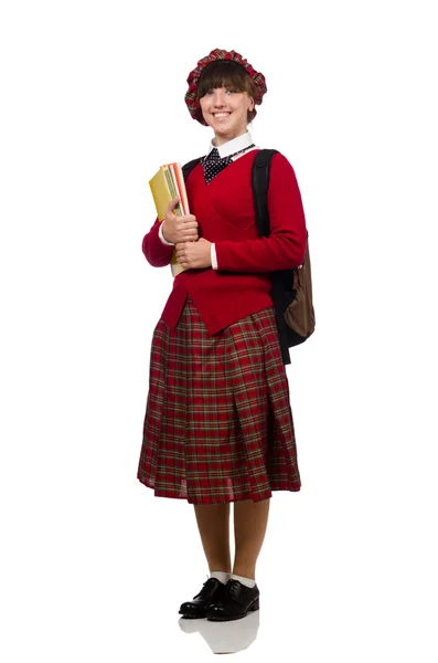 Kız beyaz izole İskoç tartan giyim — Stok fotoğraf