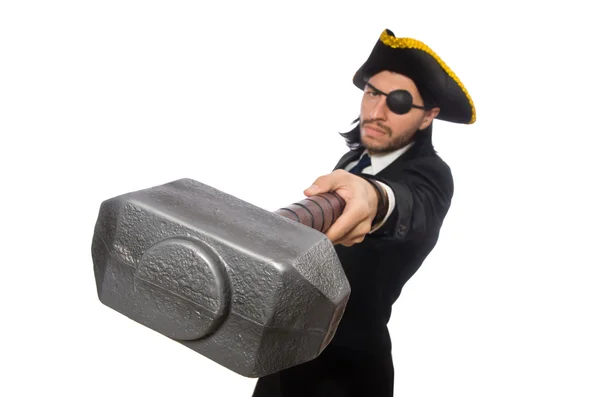 Piraten zakenman met hamer geïsoleerd op wit — Stockfoto