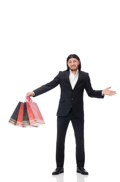 Traje negro hombre sosteniendo bolsas de plástico aisladas en blanco —  Fotos de Stock