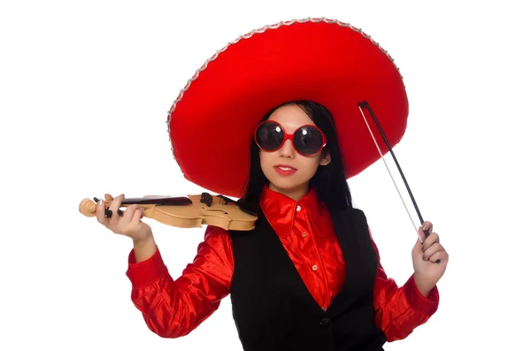 Donna messicana con violino isolato su bianco — Foto Stock