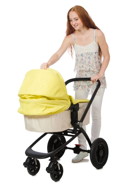 Woman with baby and pram isolated on white — Stock Photo, Image