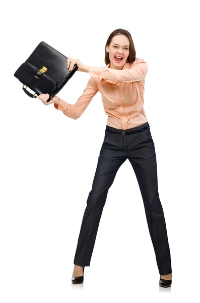 Pretty office manager holding briefcase isolated on white — Stock Photo, Image