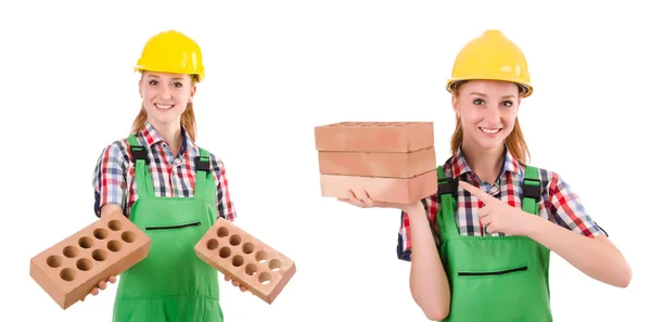 Woman with bricks isolated on white — Stock Photo, Image