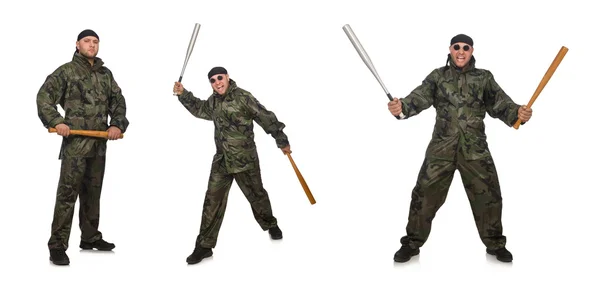 Soldier with baseball bat on white — Stock Photo, Image