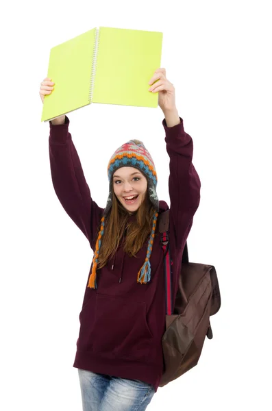 Улыбающийся студент с рюкзаком и книгой изолированы на белом — стоковое фото