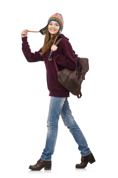 Studente sorridente con zaino isolato su bianco — Foto Stock