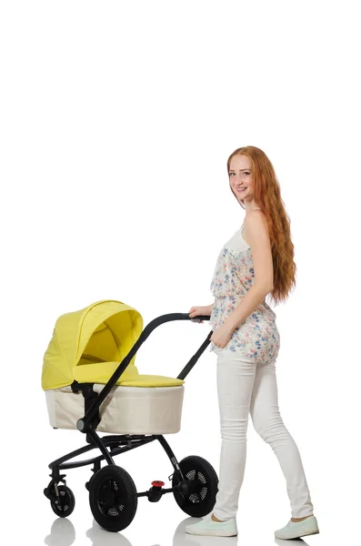 Mulher com bebê e carrinho isolado em branco — Fotografia de Stock