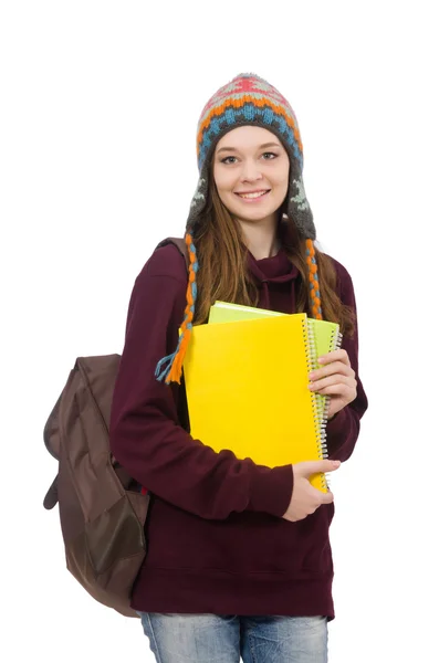 Lachende student met rugzak geïsoleerd op wit — Stockfoto