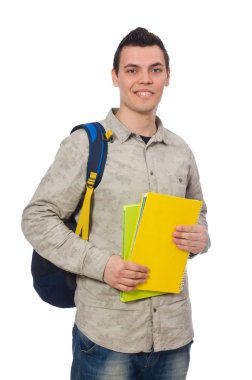 Beyaz izole sırt çantası ile gülümseyen beyaz öğrenci