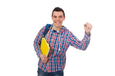 Sırt çantası ve kitap ile gülümseyen beyaz öğrenci