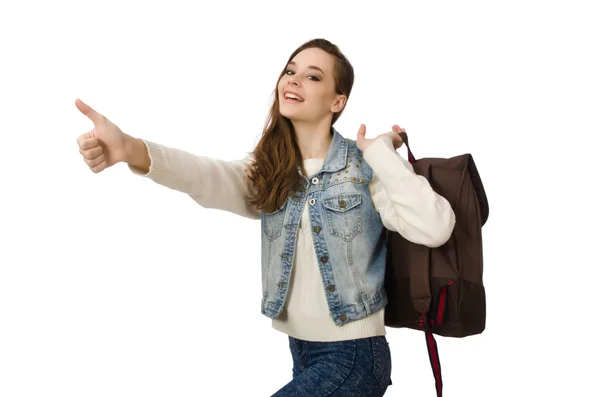 Menina bonita em jeans segurando mochila isolada no branco — Fotografia de Stock