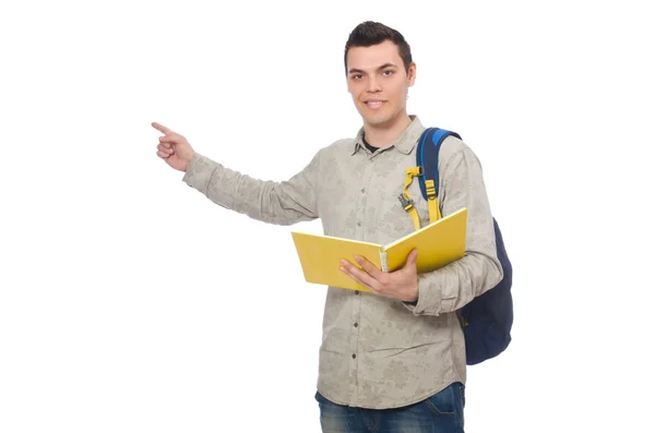 Lächelnder kaukasischer Student mit Rucksack und Buch — Stockfoto