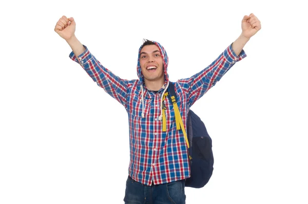 Estudante caucasiano sorridente com mochila isolada em branco — Fotografia de Stock