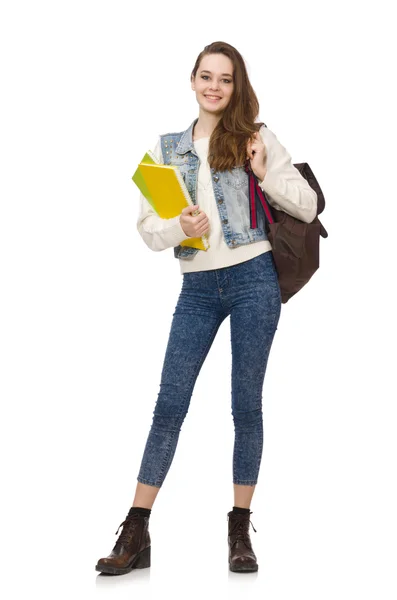 Mooie student houdt leerboeken geïsoleerd op wit — Stockfoto