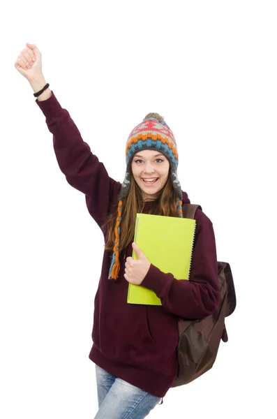 Lachende student met rugzak en boek geïsoleerd op wit — Stockfoto