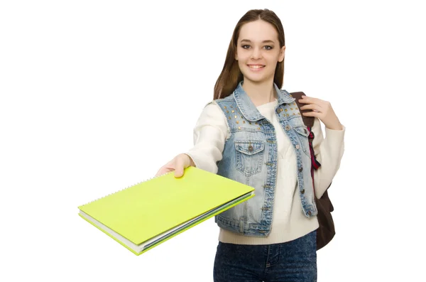 Mooie student houdt leerboeken geïsoleerd op wit — Stockfoto