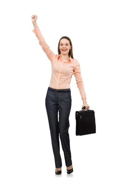 Pretty office manager holding briefcase isolated on white — Stock Photo, Image