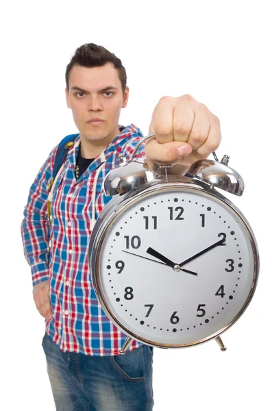 Student holding alarm clock isolated on white — Stock Photo, Image