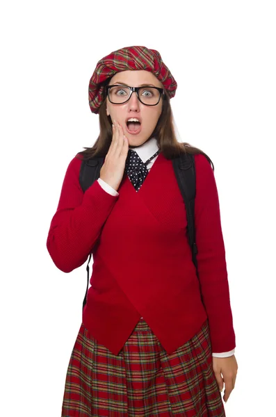 Ragazza in tartan scozzese abbigliamento isolato su bianco — Foto Stock