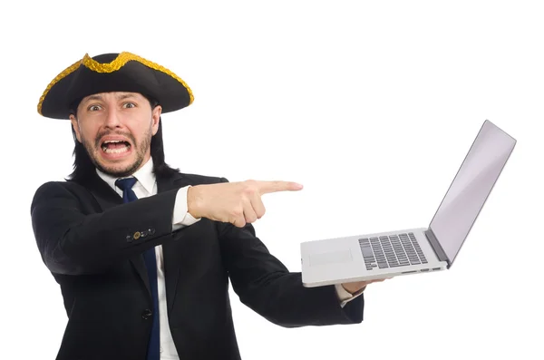 Piraat zakenman met laptop geïsoleerd op wit — Stockfoto