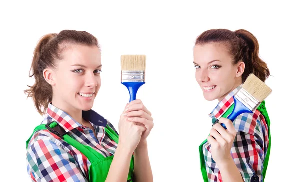 Woman painter with paintbrush on white — Stock Photo, Image