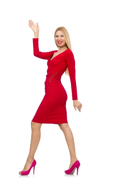 Tall young woman in red dress isolated on white — Stock Photo, Image