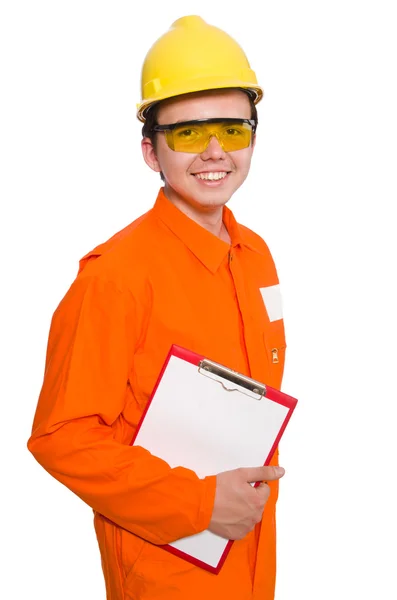 Man in oranje overall geïsoleerd op wit — Stockfoto