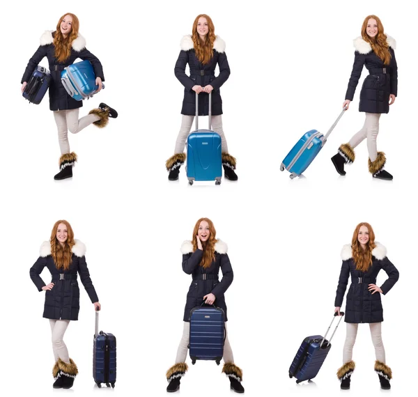 Woman with suitcase preparing for winter vacation — Stock Photo, Image