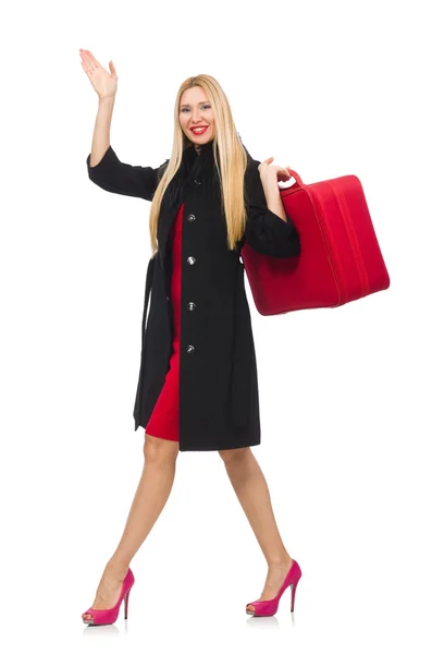 Hübsche blonde Frau mit Koffer isoliert auf weiß — Stockfoto