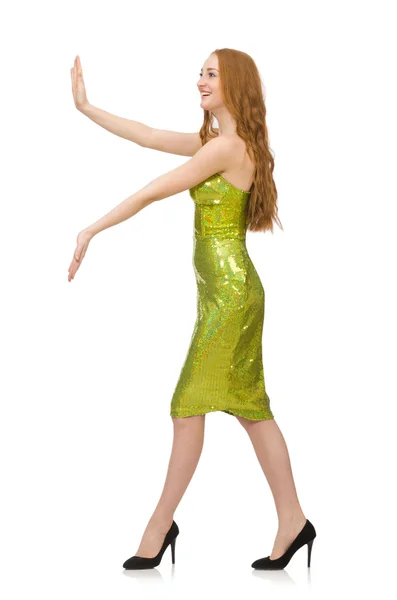 Rude włosy dziewczyna w musujące zielone sukienki izolowane na białym — Zdjęcie stockowe