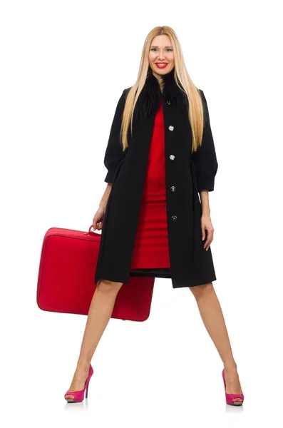 Pretty blond woman holding suitcase isolated on white — Stock Photo, Image