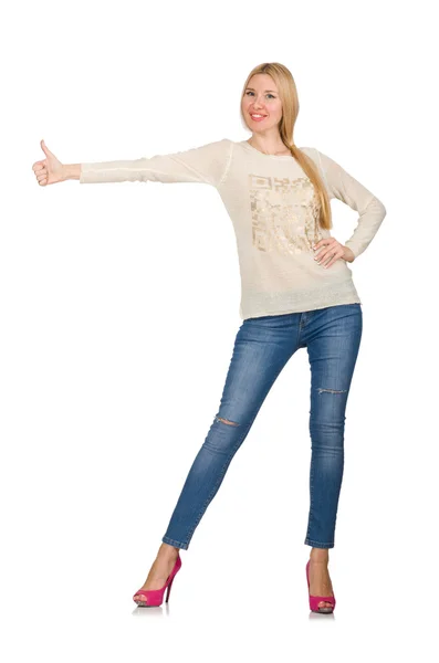 Mujer de pelo rubio posando en jeans azules aislados en blanco —  Fotos de Stock