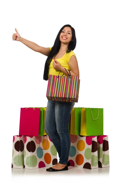 Woman with shopping bags isolated on white — Stock Photo, Image