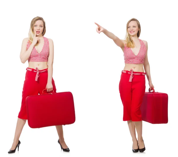 Reizende vrouw met koffer geïsoleerd op wit — Stockfoto