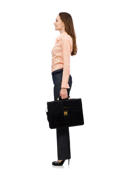 Pretty office manager holding briefcase isolated on white — Stock Photo, Image