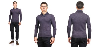 Moda konsepti olan genç bir adam beyazlara izole edilmiş.