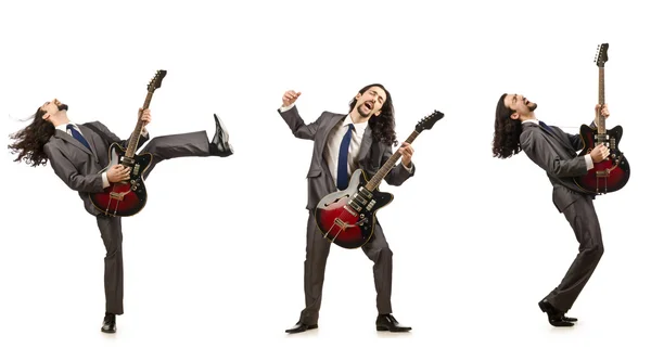 Funny guitar player isolated on white — Stock Photo, Image