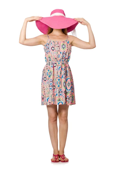 Girl in summer light dress and hat isolated on white — Stock Photo, Image