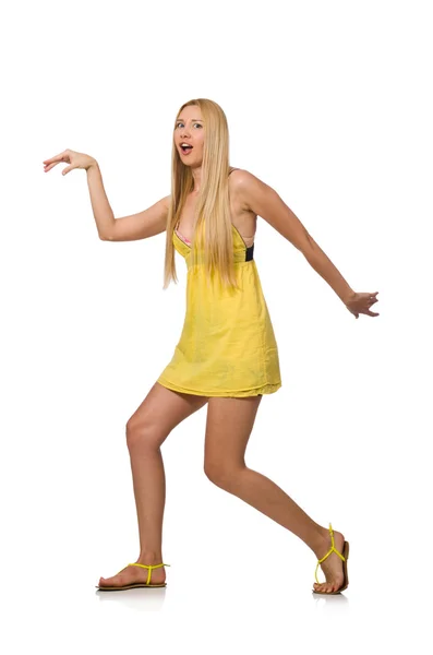 Modelo justo caucasiano no vestido de verão amarelo isolado no branco — Fotografia de Stock