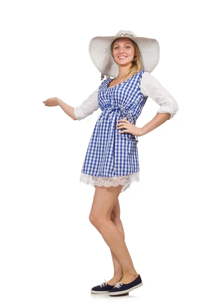 Donna sorridente in plaid semplice abito e cappello isolato sul bianco — Foto Stock