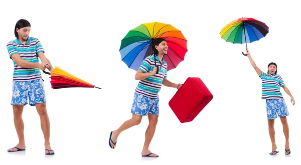 Traveler with red case  and umbrella isolated on white — Stock Photo, Image