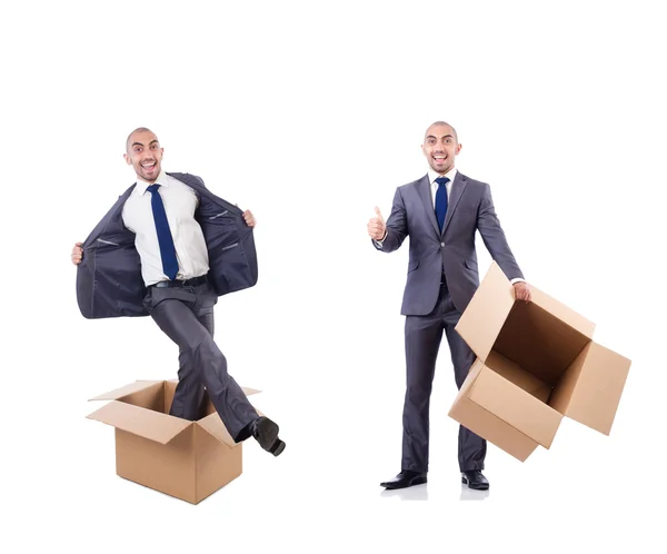 Collage of photos with man and boxes — Stock Photo, Image