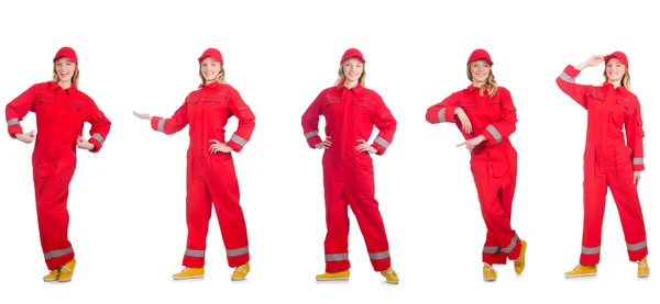 Vrouw in rode overall geïsoleerd op wit — Stockfoto