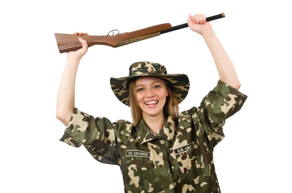 白に隔離された銃を持つ軍の制服の少女 — ストック写真