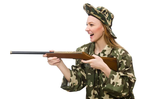 Askeri üniformalı bir kız, silahı beyaz üzerinde tutuyor. — Stok fotoğraf