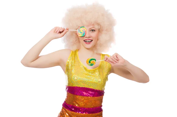 Krullende vrouw houden lolly pop geïsoleerd op wit — Stockfoto