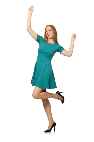 Okouzlující běloška žena na sobě zelené šaty izolované na bílém — Stock fotografie