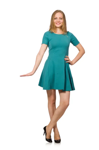 Charming caucasian woman wearing green dress isolated on white — Stock Photo, Image