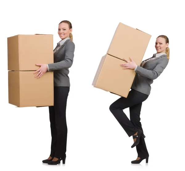Imagen compuesta de mujer con cajas en blanco — Foto de Stock