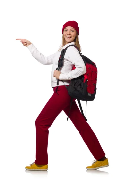 Studente divertente con zaino isolato su bianco — Foto Stock